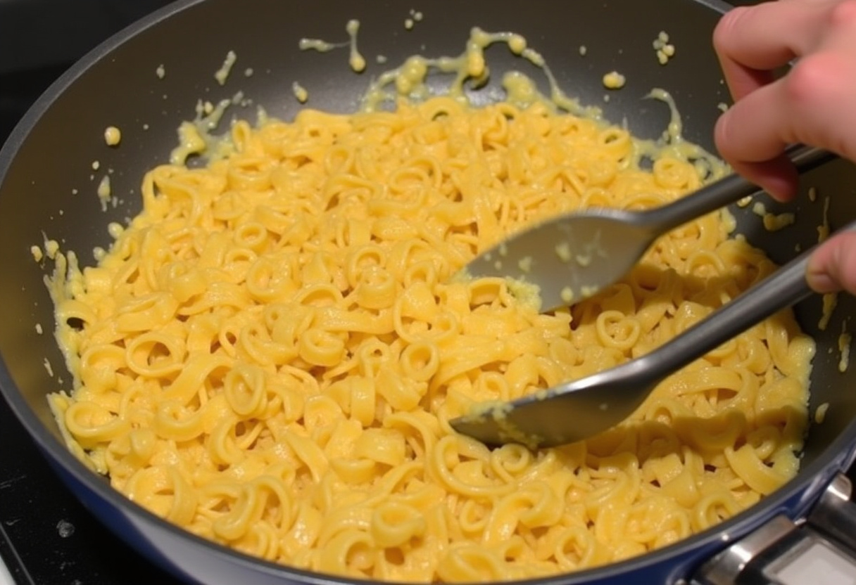 Cooked pasta being tossed in Boursin cheese sauce.