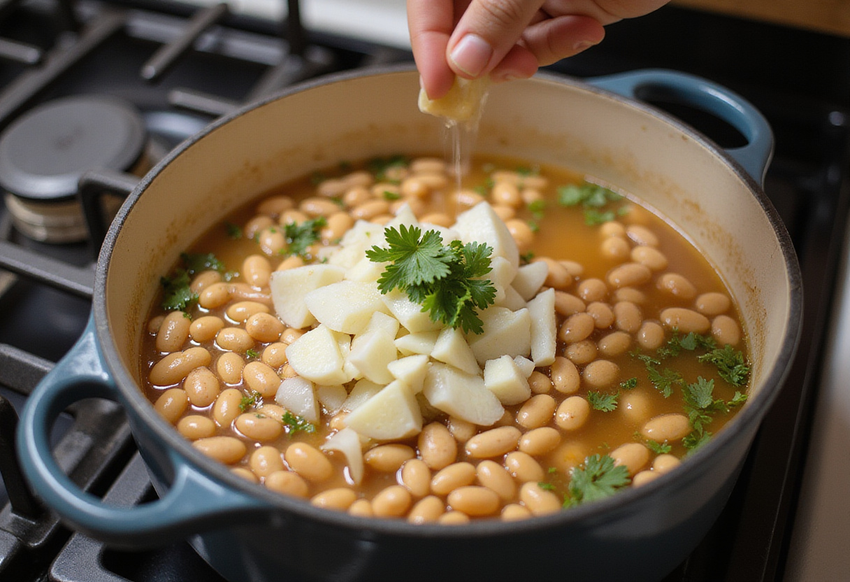 Butter beans simmering in vegetable broth with aromatics for Best Way to Make Butter Beans Recipe.