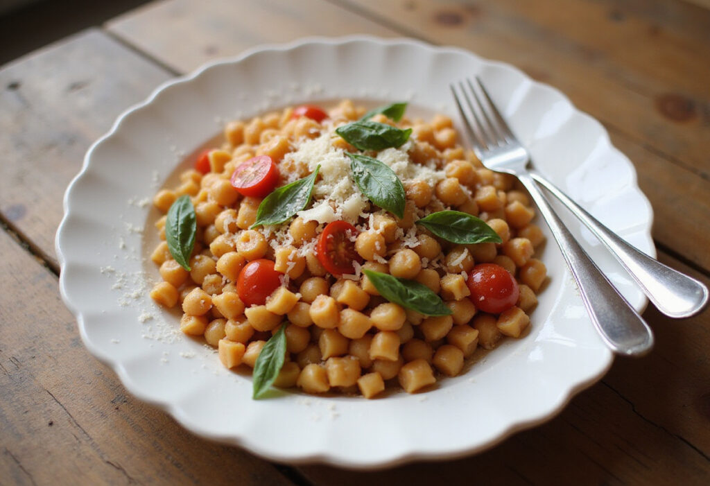 Delicious chickpea pasta with tomatoes, basil, and Parmesan, ready to eat.