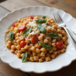 Delicious chickpea pasta with tomatoes, basil, and Parmesan, ready to eat.