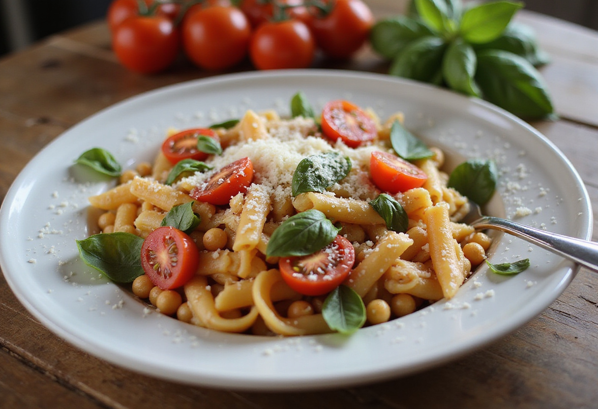 Delicious chickpea pasta with tomatoes, basil, and Parmesan, ready to eat.