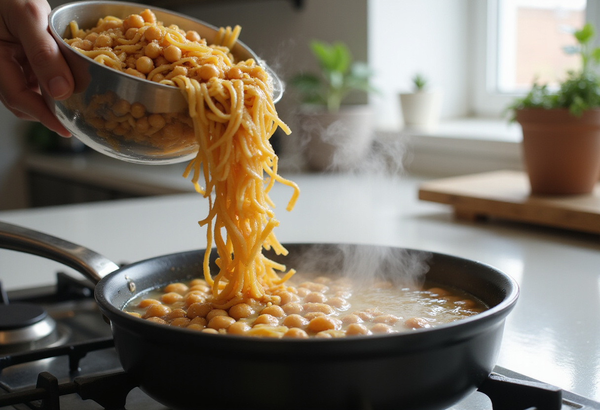 Dry chickpea pasta being cooked in boiling water.