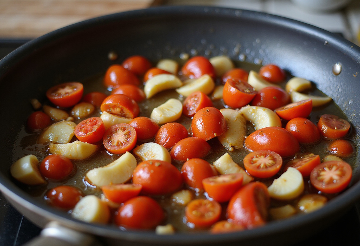 Garlic and cherry tomatoes sautéing for chickpea pasta.