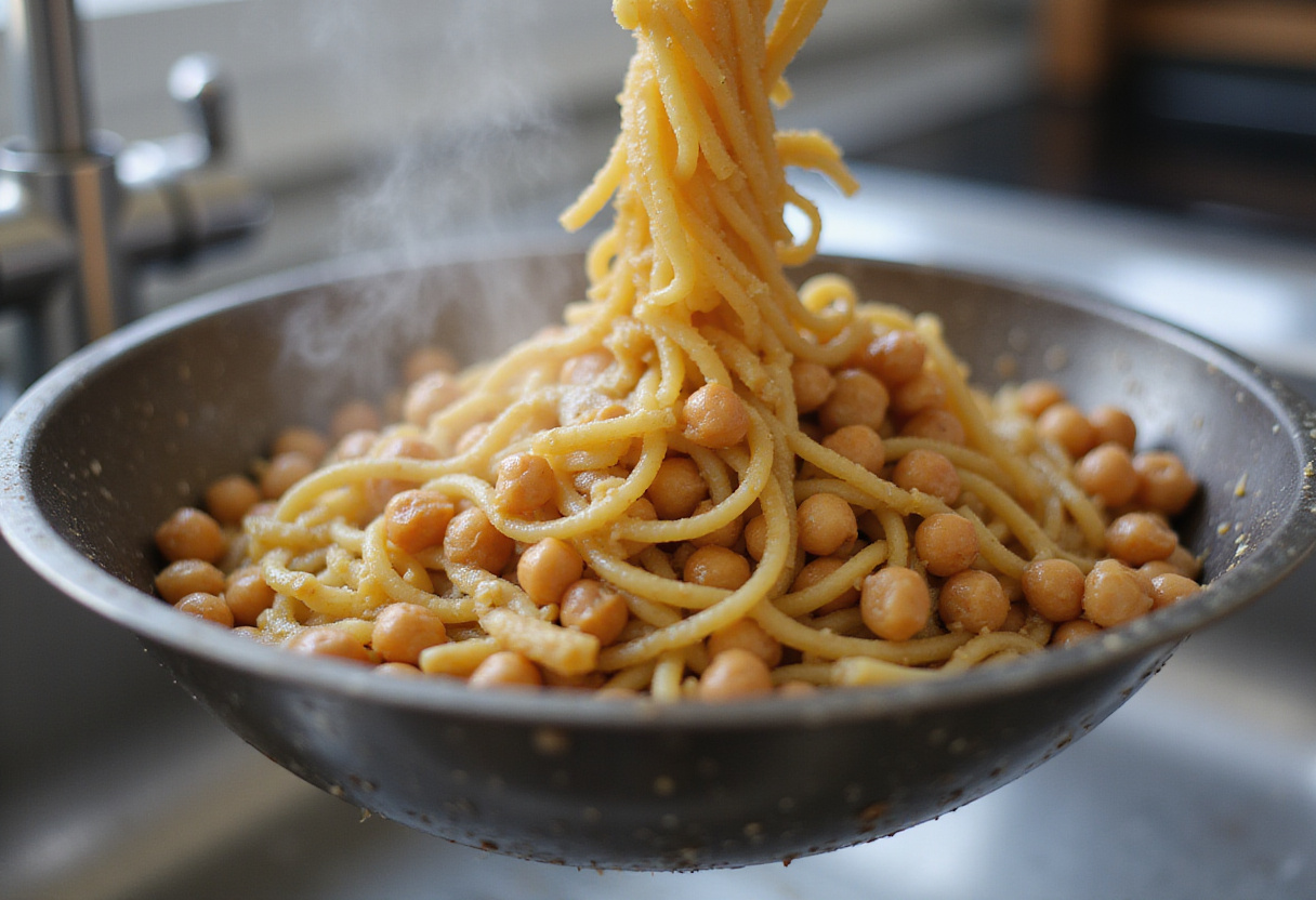 Draining cooked chickpea pasta in a kitchen colander.