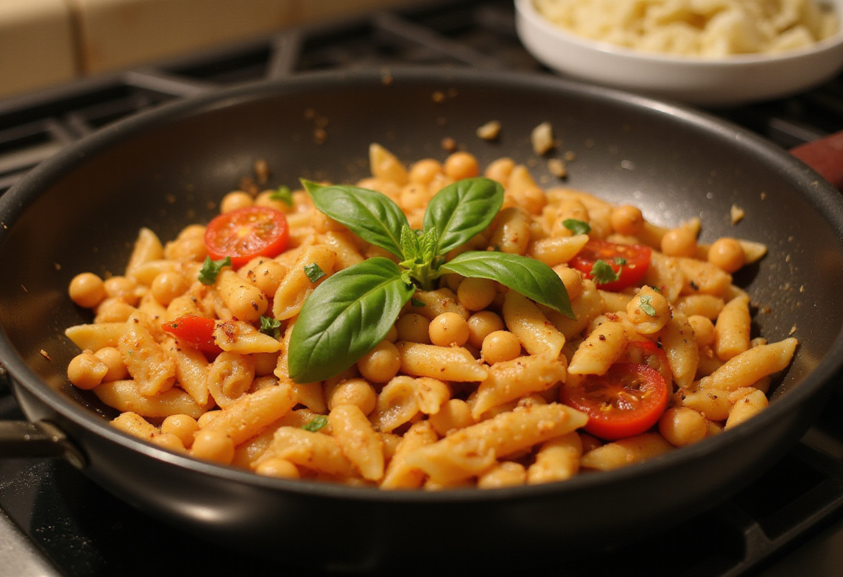 Tossing chickpea pasta with garlic, tomatoes, and basil.