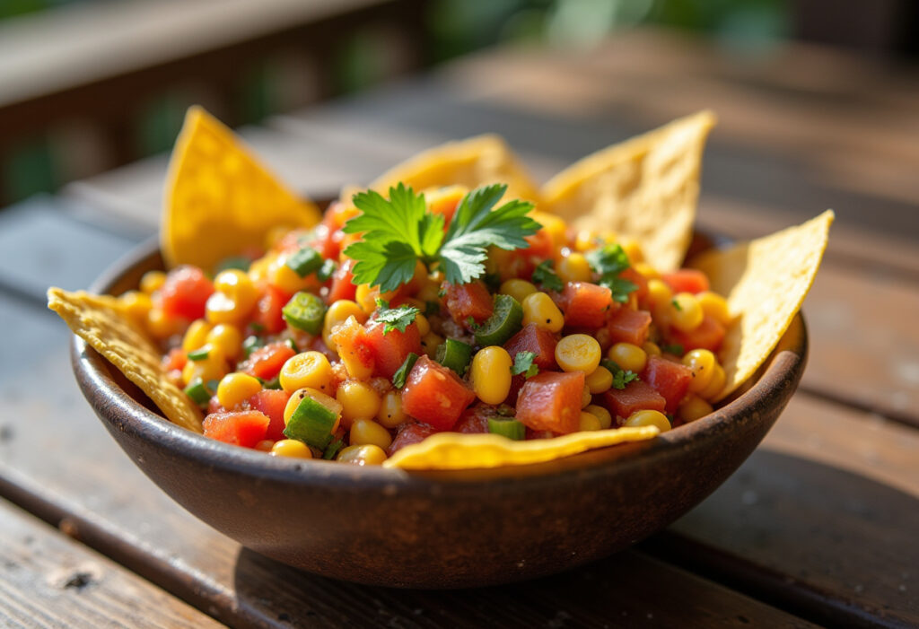 Homemade Chipotle Corn Salsa served with tortilla chips.