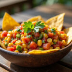 Homemade Chipotle Corn Salsa served with tortilla chips.
