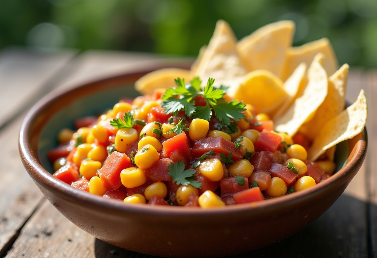 Homemade Chipotle Corn Salsa served with tortilla chips.
