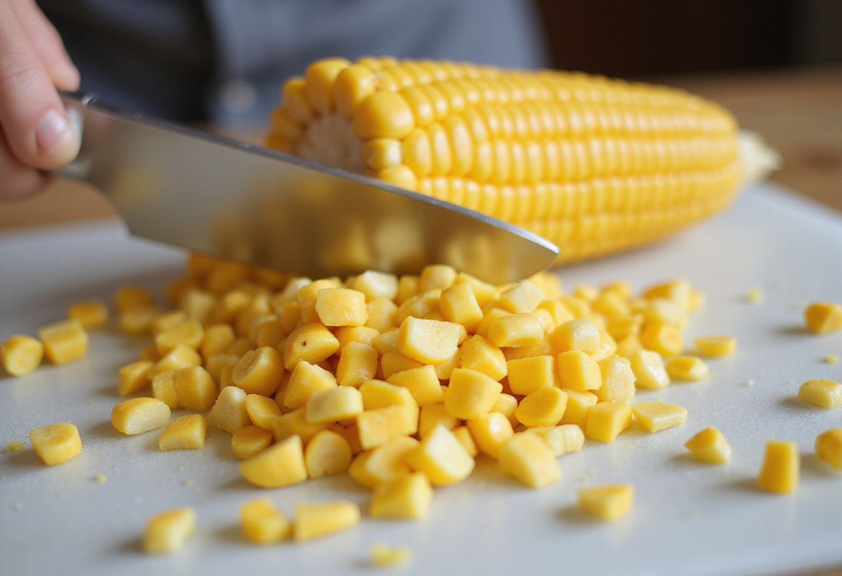 Fresh corn being sliced off the cob for homemade Chipotle Corn Salsa.