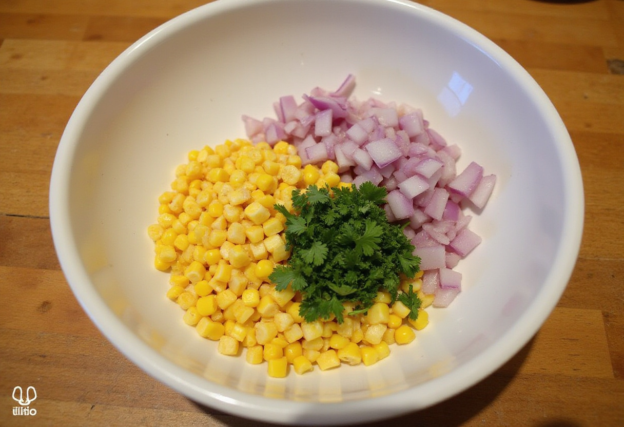 Ingredients for Chipotle Corn Salsa in a mixing bowl: corn, red onion, and cilantro.
