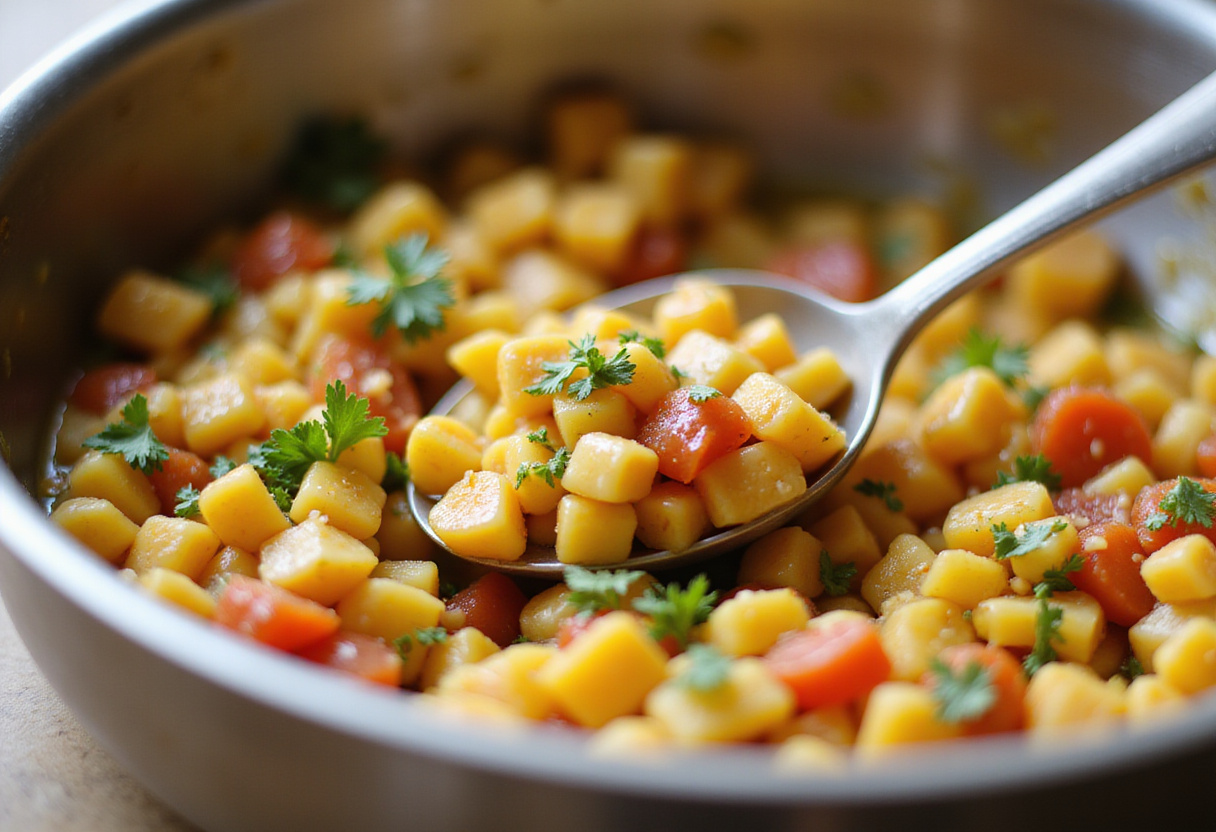 Stirring Chipotle Corn Salsa ingredients together in a bowl.