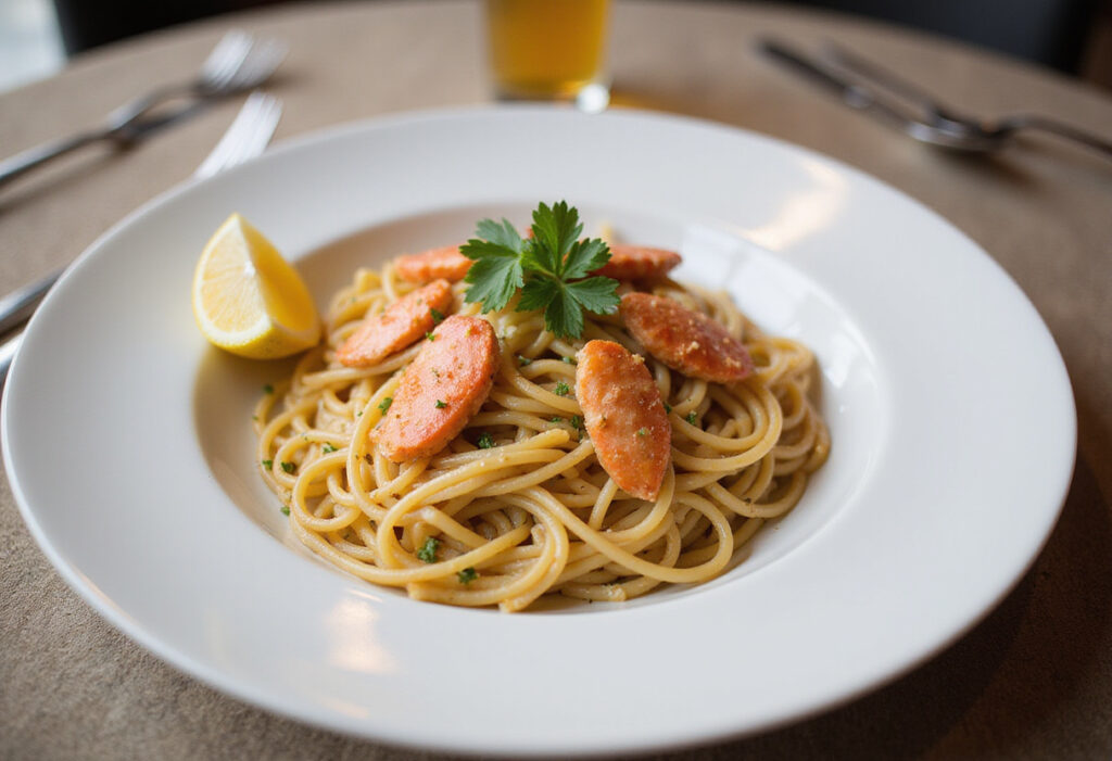 Delicious homemade crab pasta with parsley and lemon, ready to enjoy.