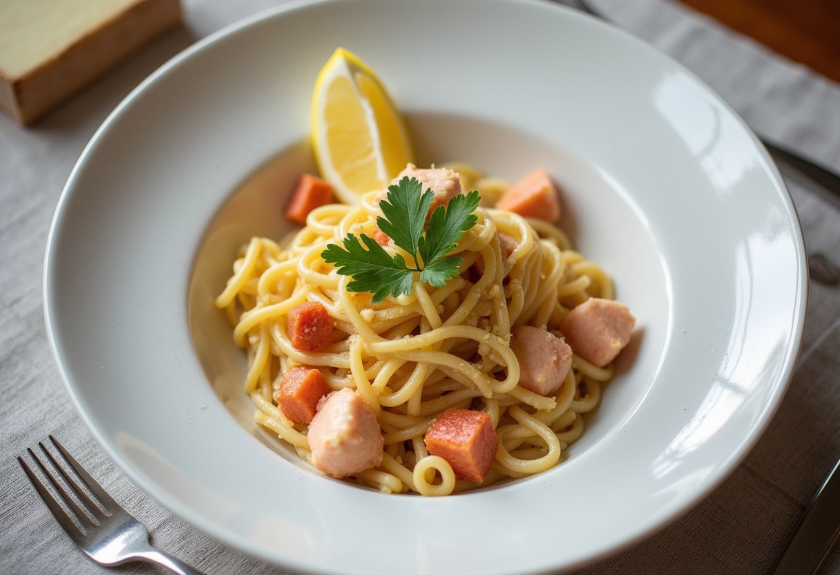 Delicious homemade crab pasta with parsley and lemon, ready to enjoy.