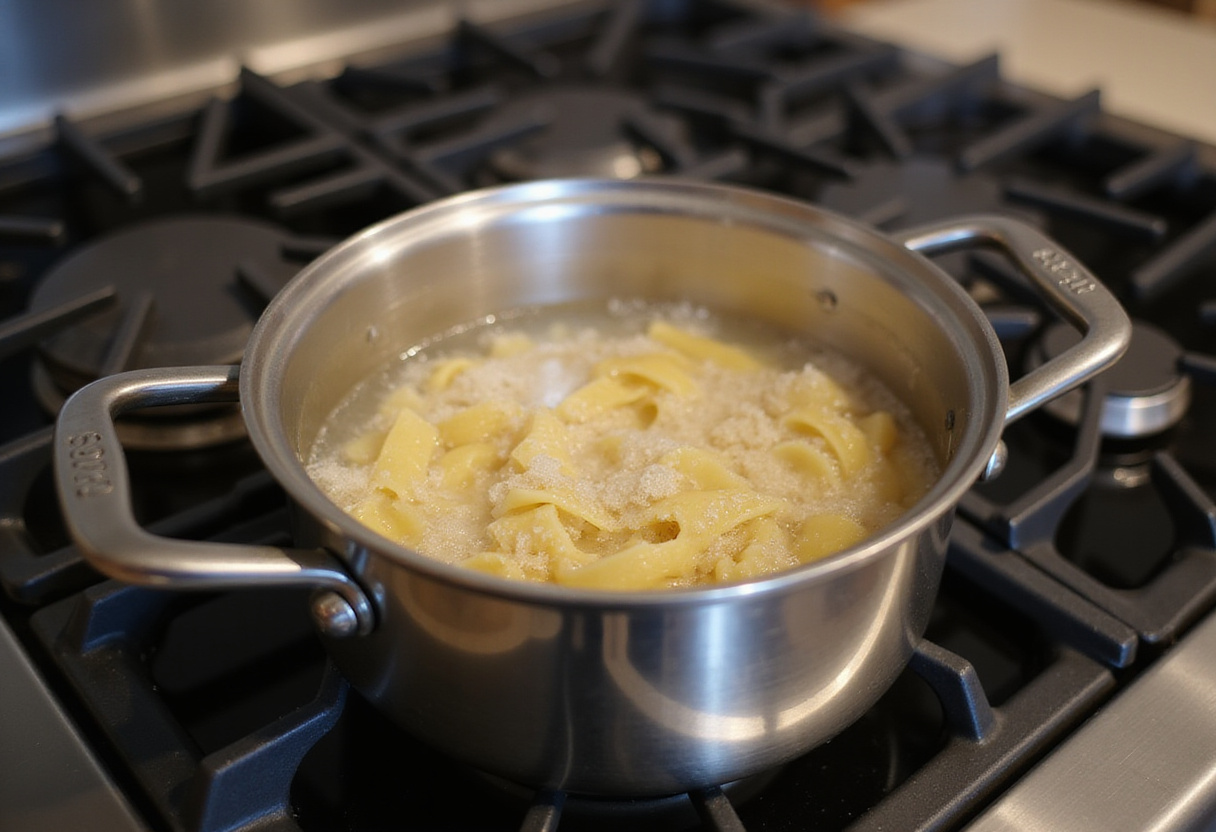 Boiling water in a pot for preparing homemade crab pasta recipe.