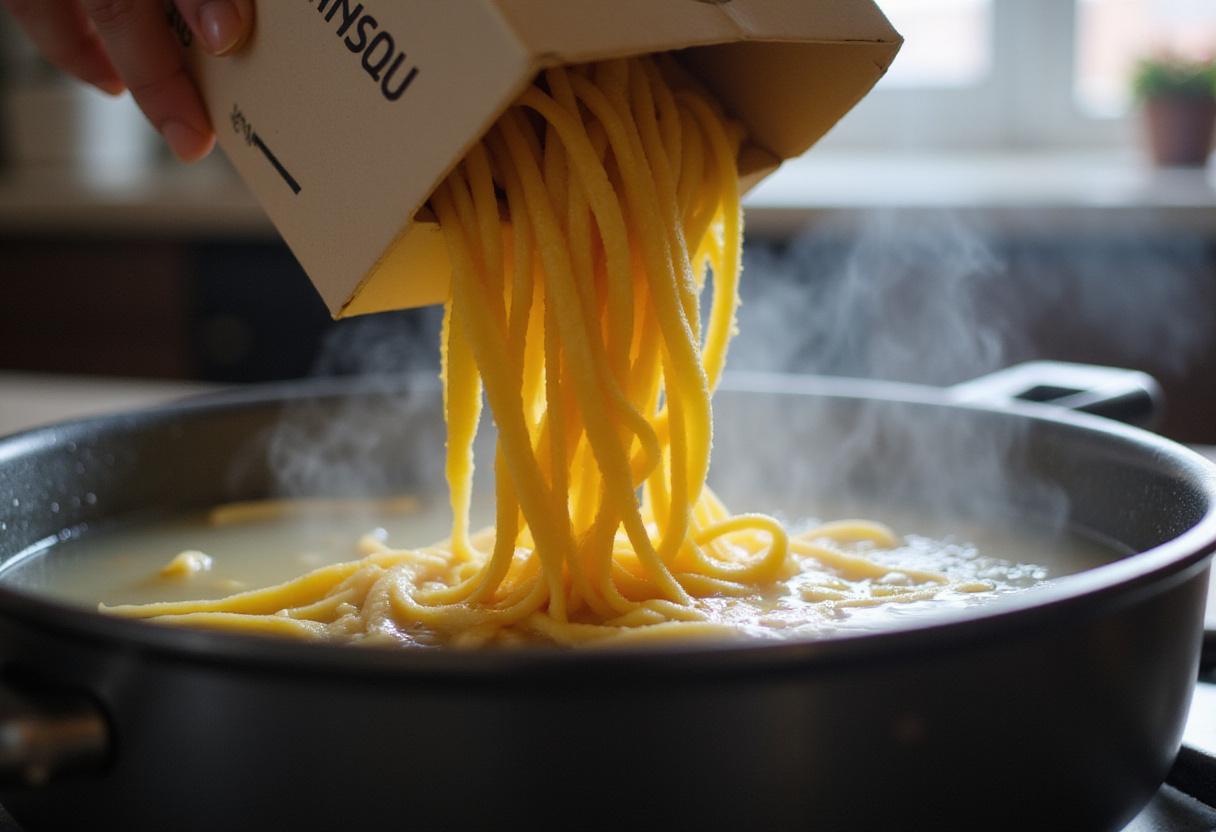 Linguine pasta added to boiling water for crab pasta dish.