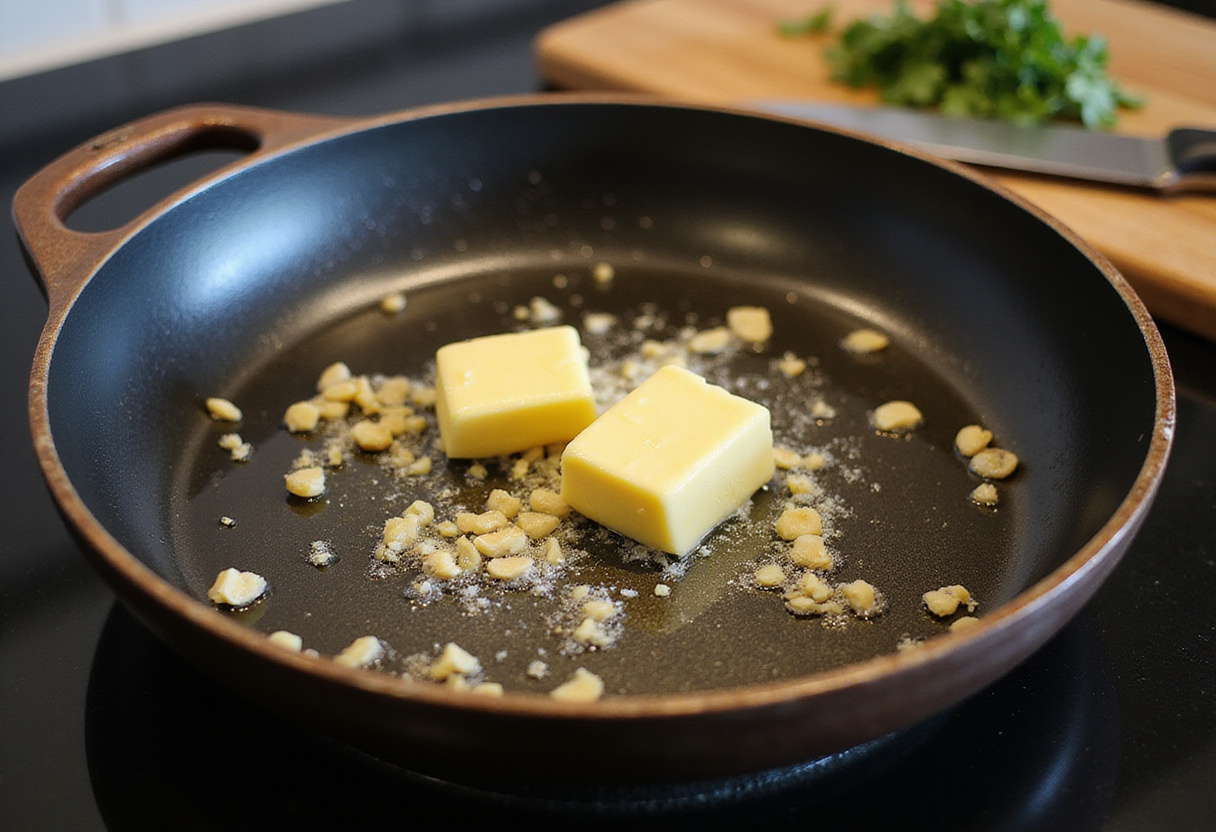 Garlic and butter sautéing for a delicious crab pasta sauce.