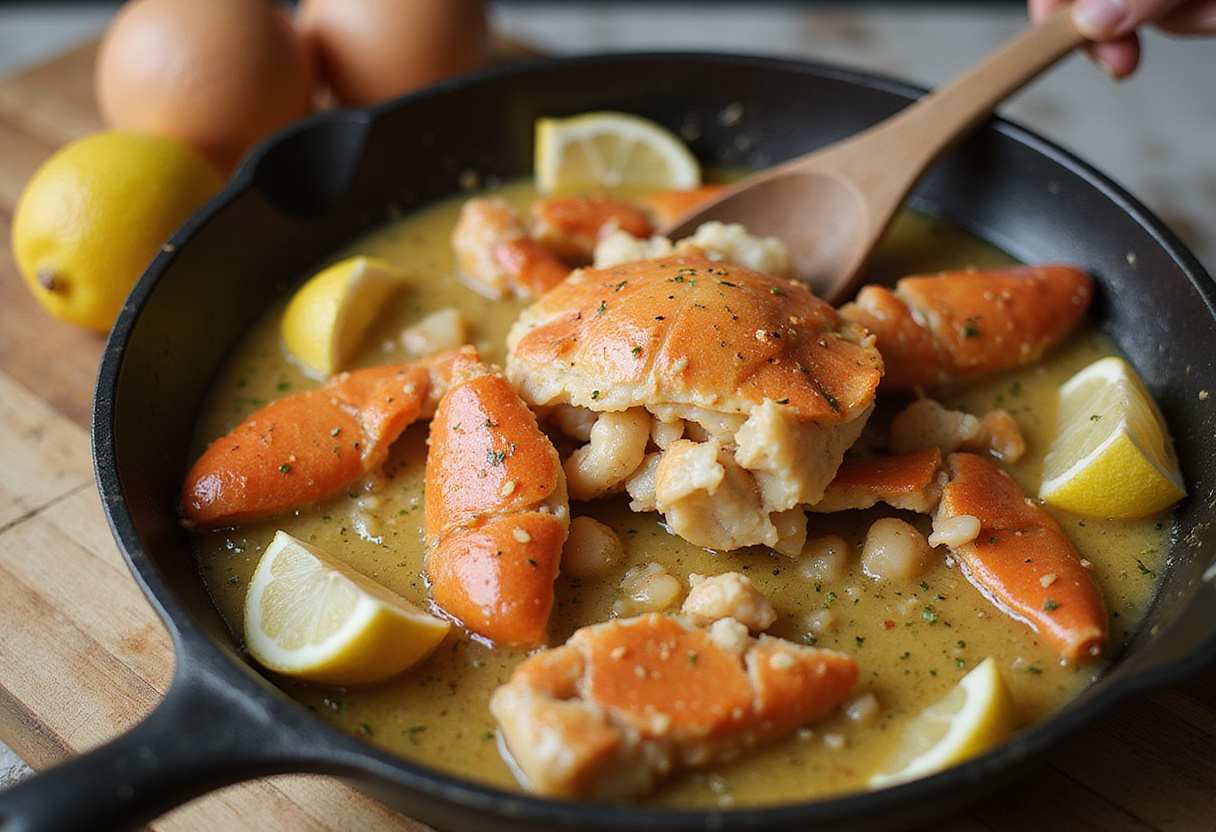 Fresh crab meat being mixed into garlic butter sauce for the crab pasta recipe.