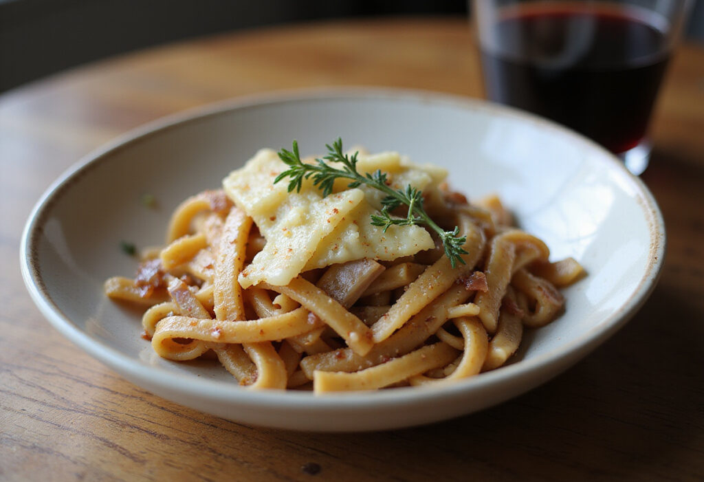 Delicious French Onion Pasta with Gruyère cheese and thyme.