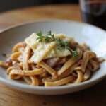 Delicious French Onion Pasta with Gruyère cheese and thyme.