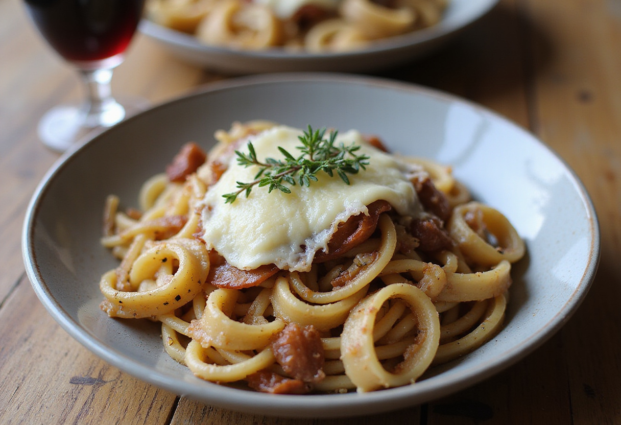 Delicious French Onion Pasta with Gruyère cheese and thyme.