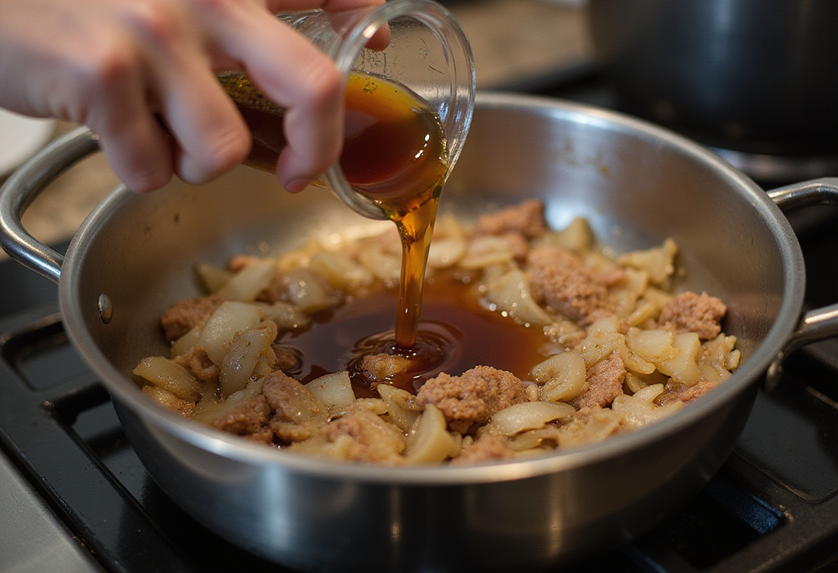 Adding beef broth to caramelized onions for French Onion Pasta.