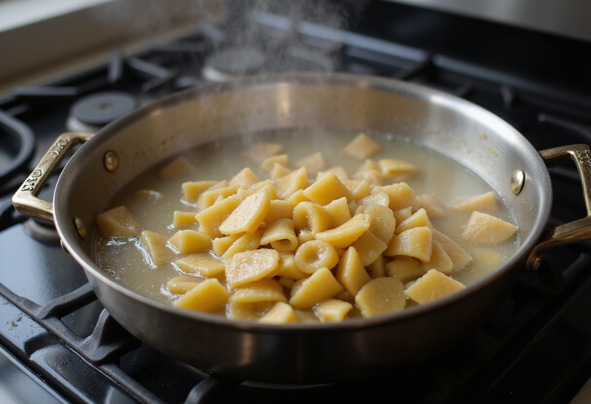 Cooking pasta for French Onion Pasta recipe.