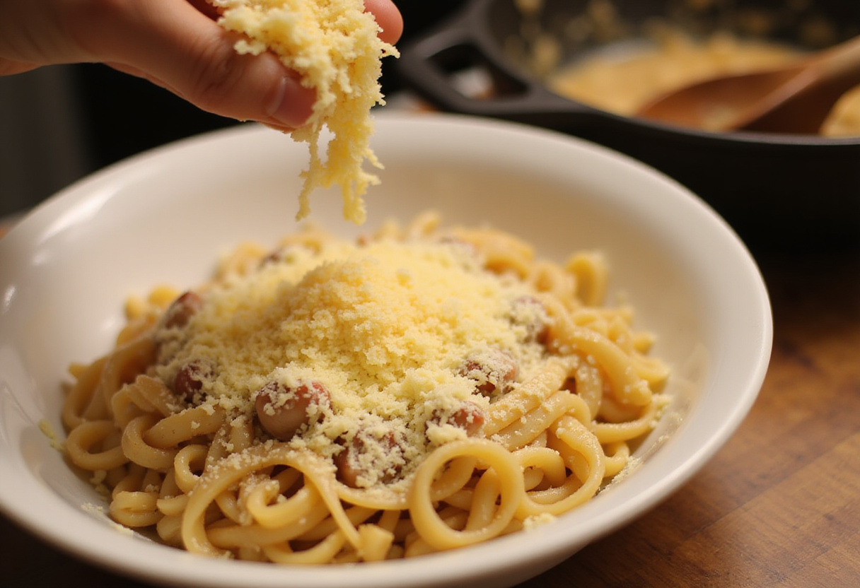 Adding Gruyère cheese to pasta for French Onion Pasta.