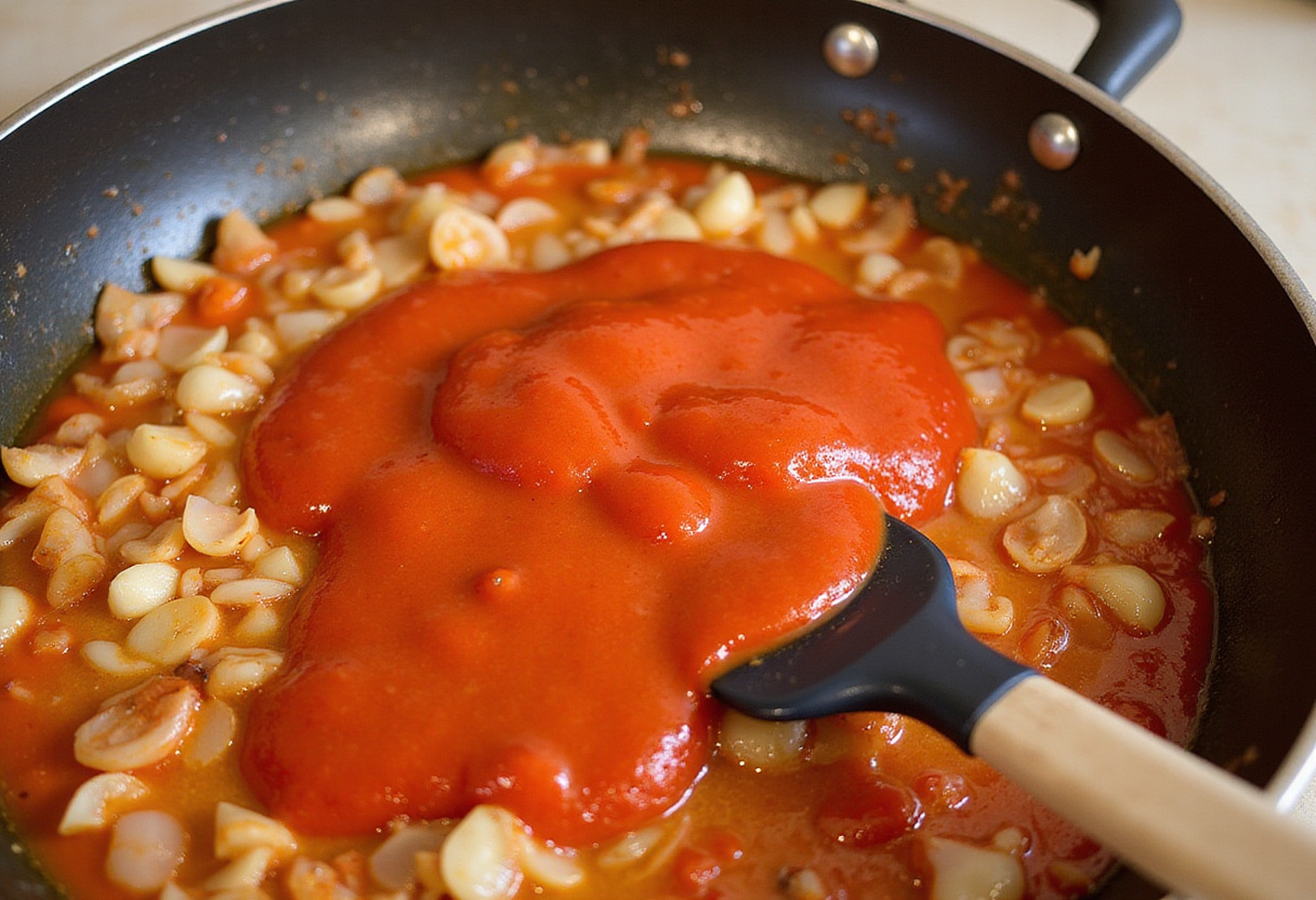 Adding tomato paste to the Gigi Hadid Pasta sauce.