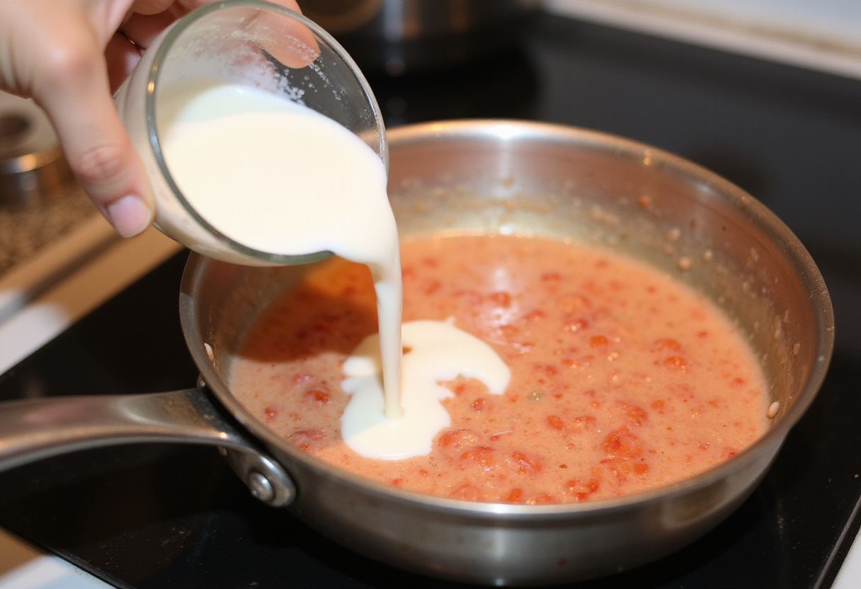 Adding heavy cream and vodka to create the creamy Gigi Hadid Pasta sauce.