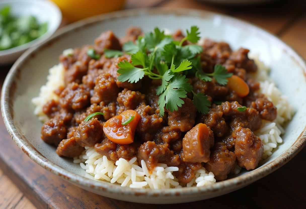 Delicious Instant Pot ground beef dish garnished with cilantro and served with rice, the best way to make ground beef at home.
