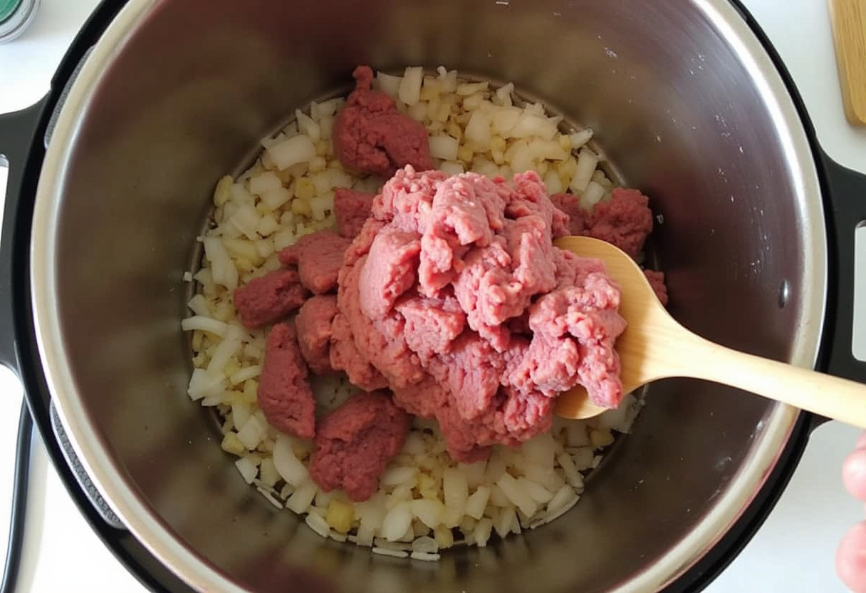 Ground beef being added to the Instant Pot for browning in a delicious home recipe.