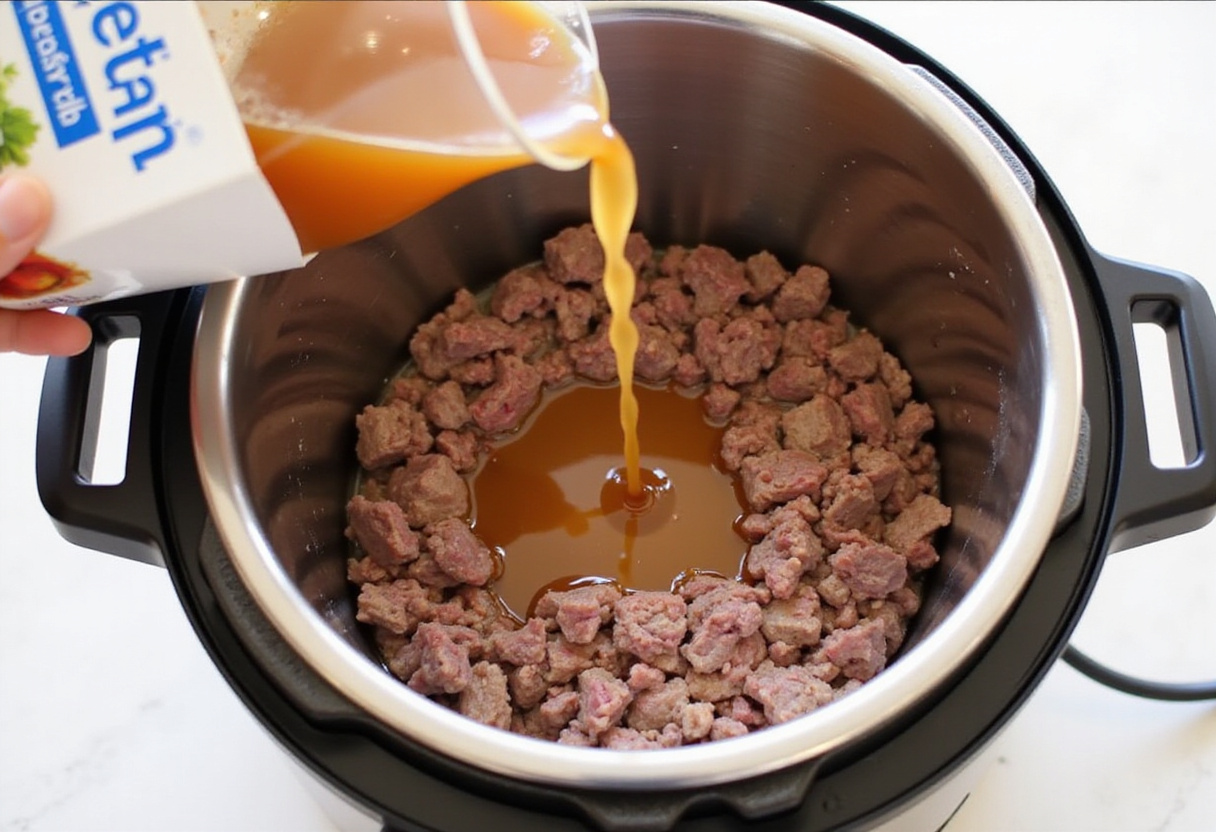 Beef broth being poured into the Instant Pot with browned ground beef.