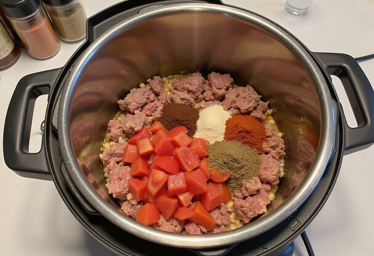 Adding diced tomatoes and spices to ground beef mixture in Instant Pot.