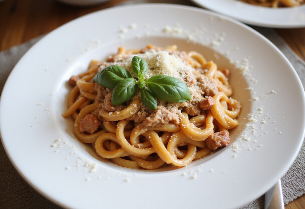 Delicious ground turkey pasta served with basil and Parmesan cheese.
