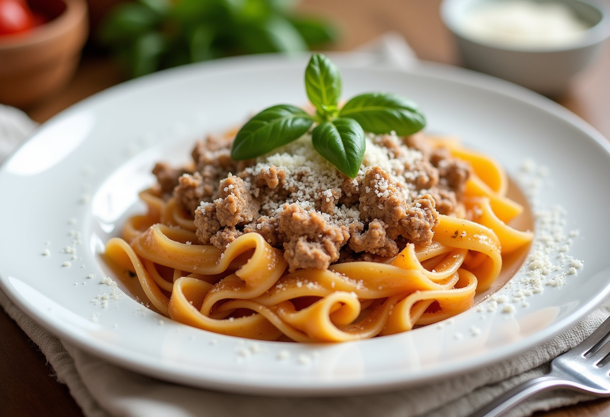 Delicious ground turkey pasta served with basil and Parmesan cheese.