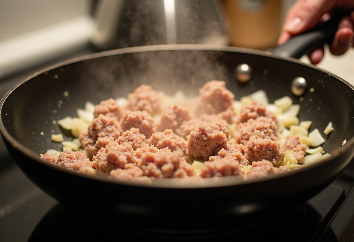 Ground turkey and onions cooking in a skillet for ground turkey pasta sauce.