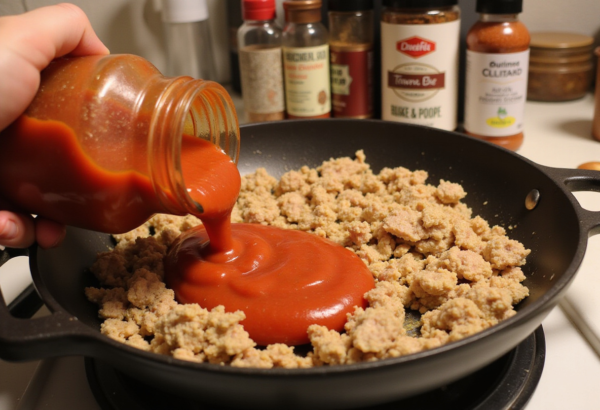 Adding tomato sauce to browned ground turkey for pasta sauce.