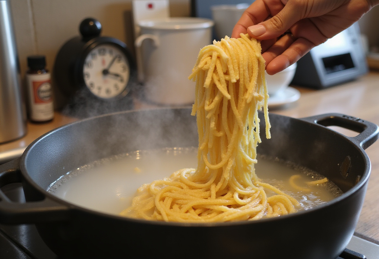 Cooking pasta for ground turkey pasta dish.