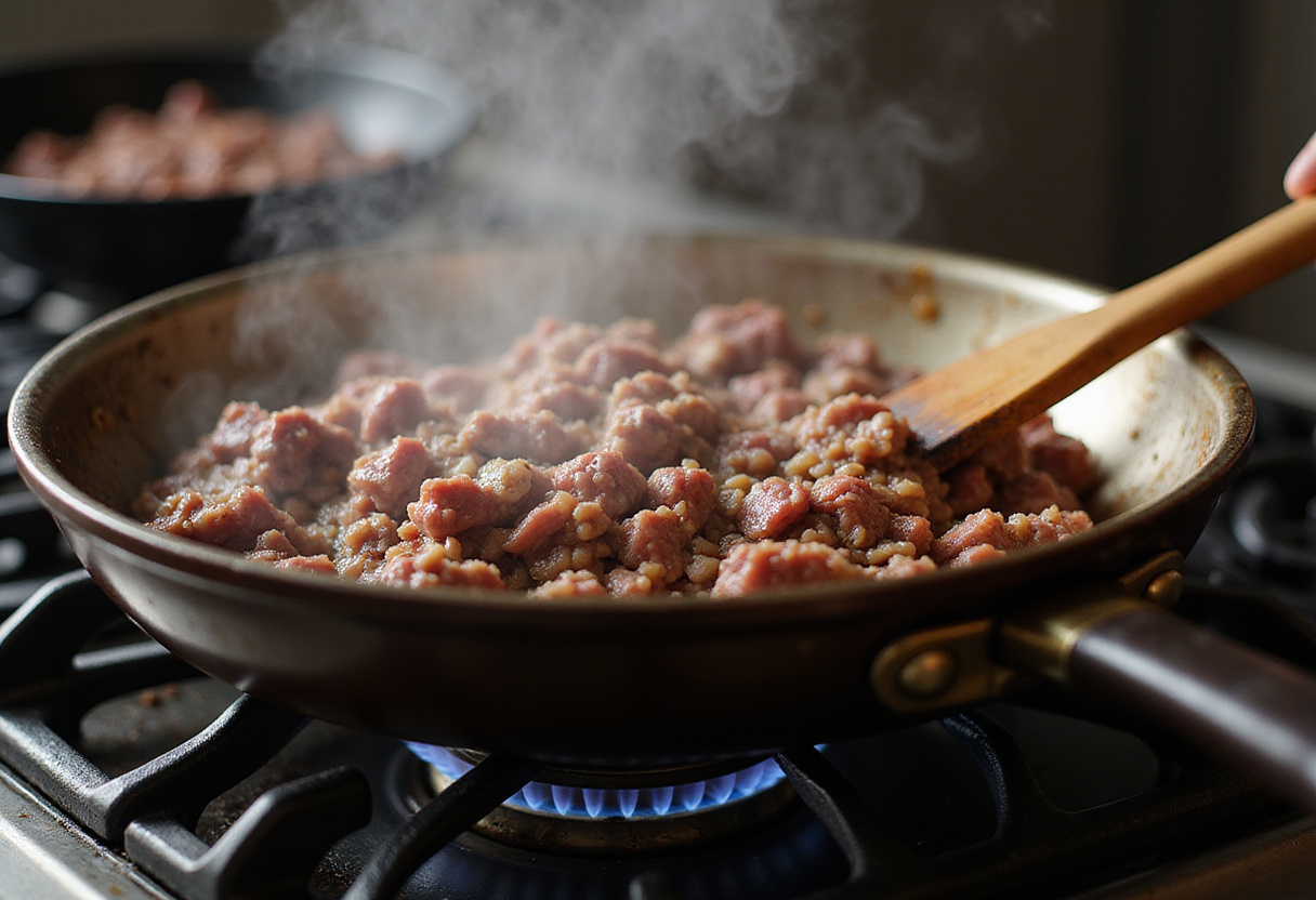 Browning ground beef in a skillet for the Hanky Panky recipe.