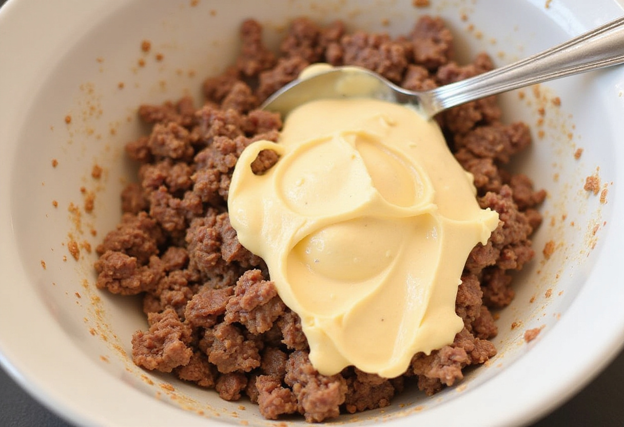 Mixing ground beef with cheese for Hanky Panky Recipe.