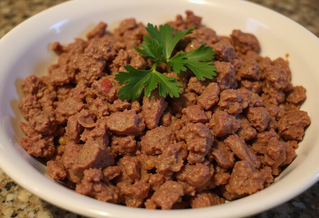 Cooked Instant Pot ground beef ready to serve in various recipes.