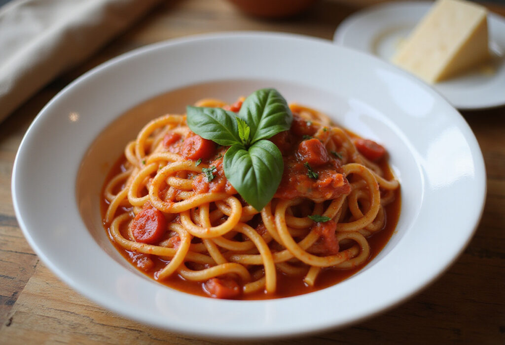 Delicious Instant Pot pasta with tomato sauce and basil, ready to eat, easy homemade recipe.