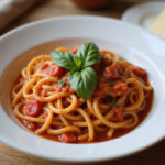 Delicious Instant Pot pasta with tomato sauce and basil, ready to eat, easy homemade recipe.