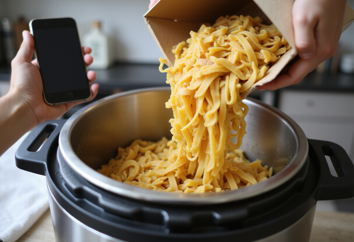 Uncooked pasta noodles being added to an Instant Pot in preparation for a homemade pasta dish.