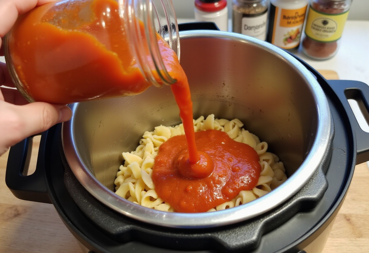 Pouring tomato sauce over pasta in an Instant Pot for a quick and easy meal.