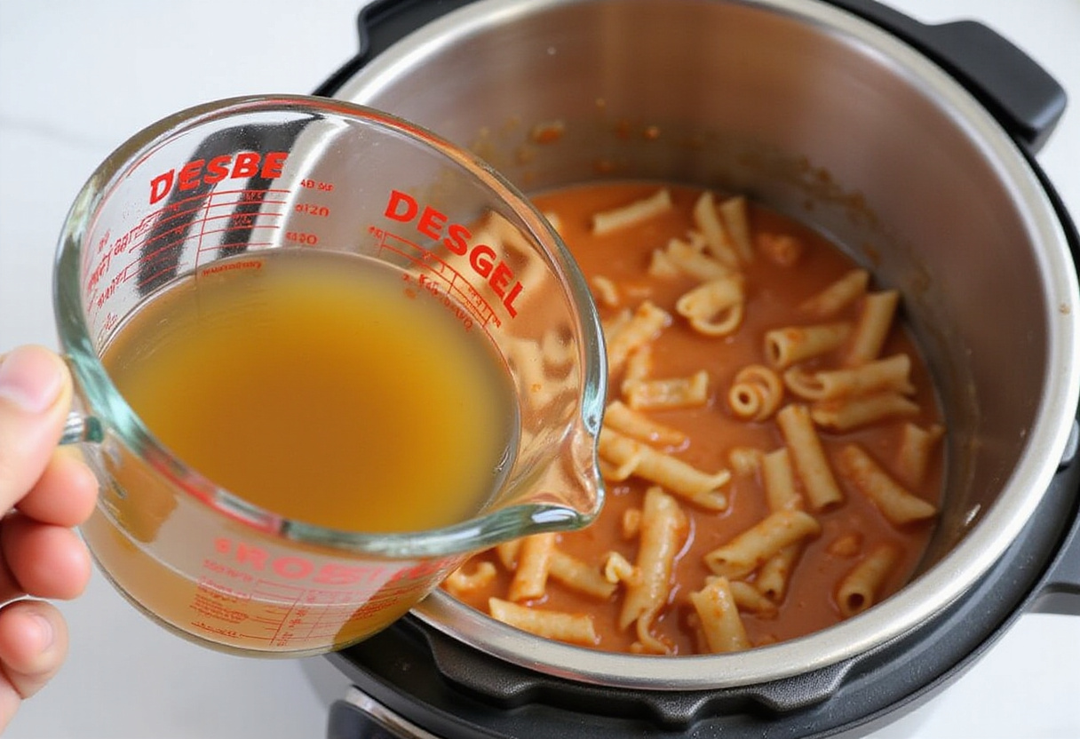 Measuring vegetable broth to pour into an Instant Pot for cooking pasta.