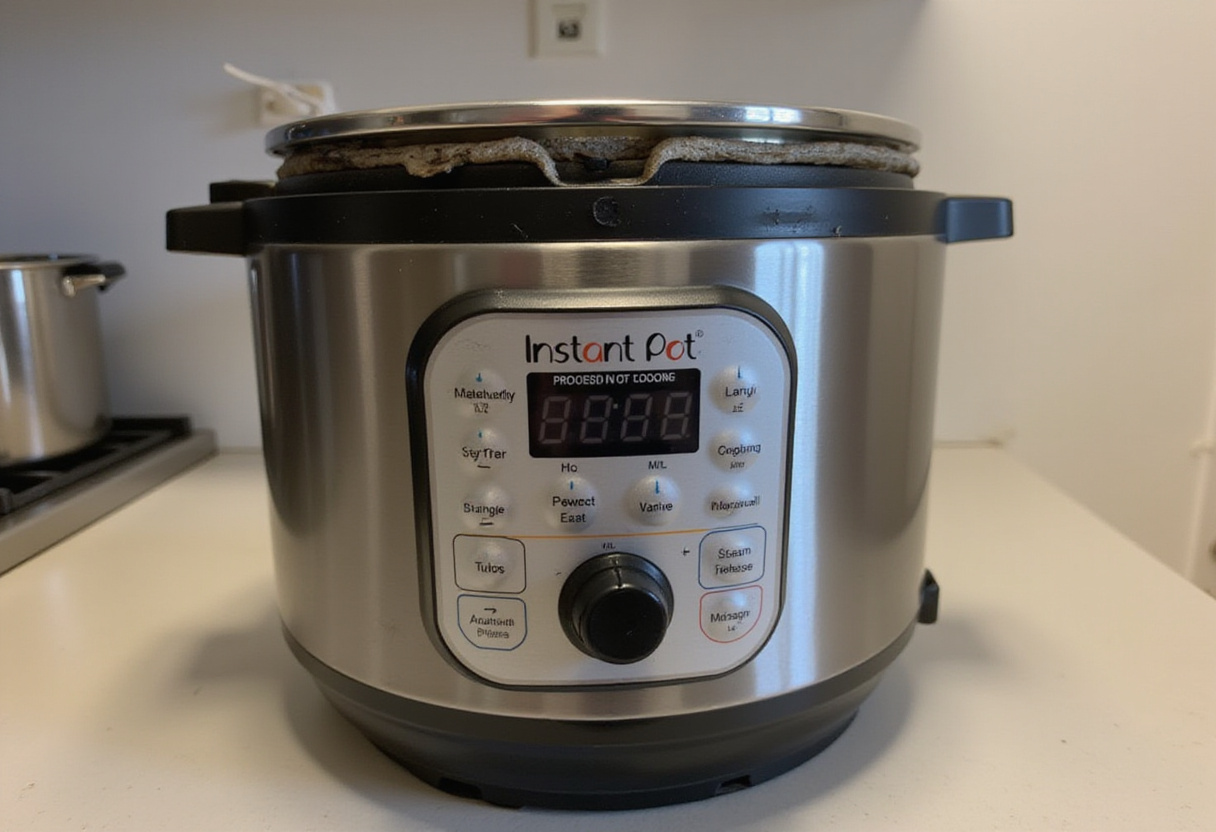 Instant Pot sealed and ready to cook pasta, showing the closed lid and steam valve.