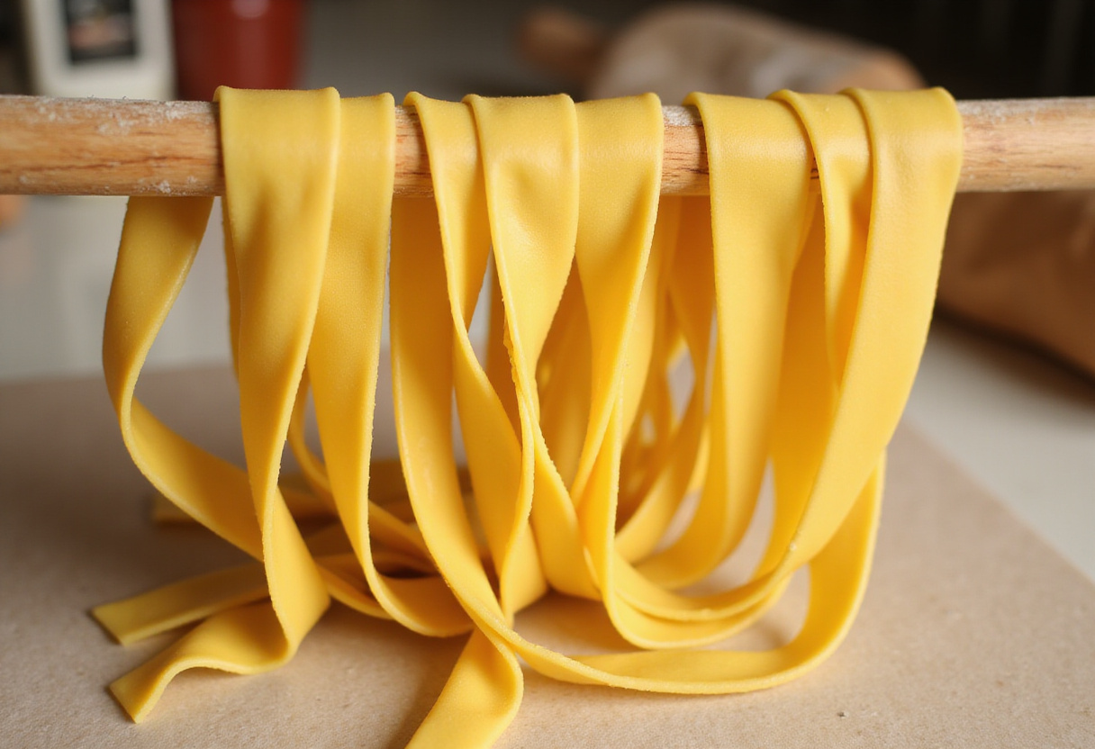 Homemade fettuccine pasta drying on a rack, made with a KitchenAid mixer.