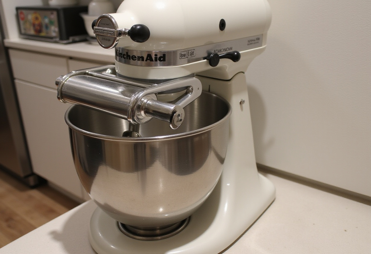 KitchenAid stand mixer with pasta roller attachment ready for making pasta.