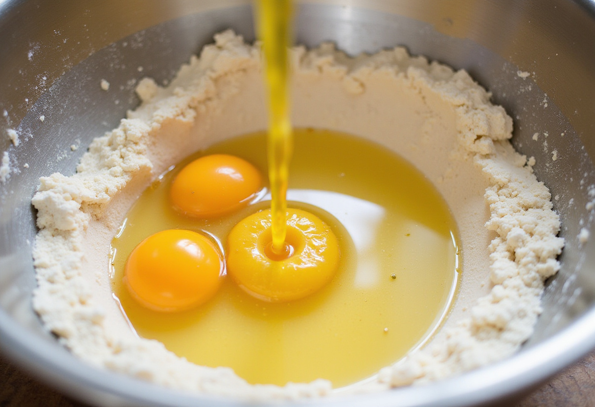Eggs and olive oil being added to the flour well for KitchenAid pasta dough.